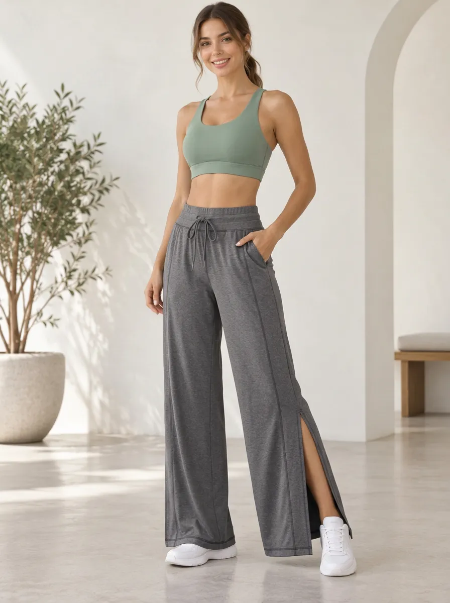 Women's Drawstring Active Flow Wide Leg Slit Training Pants