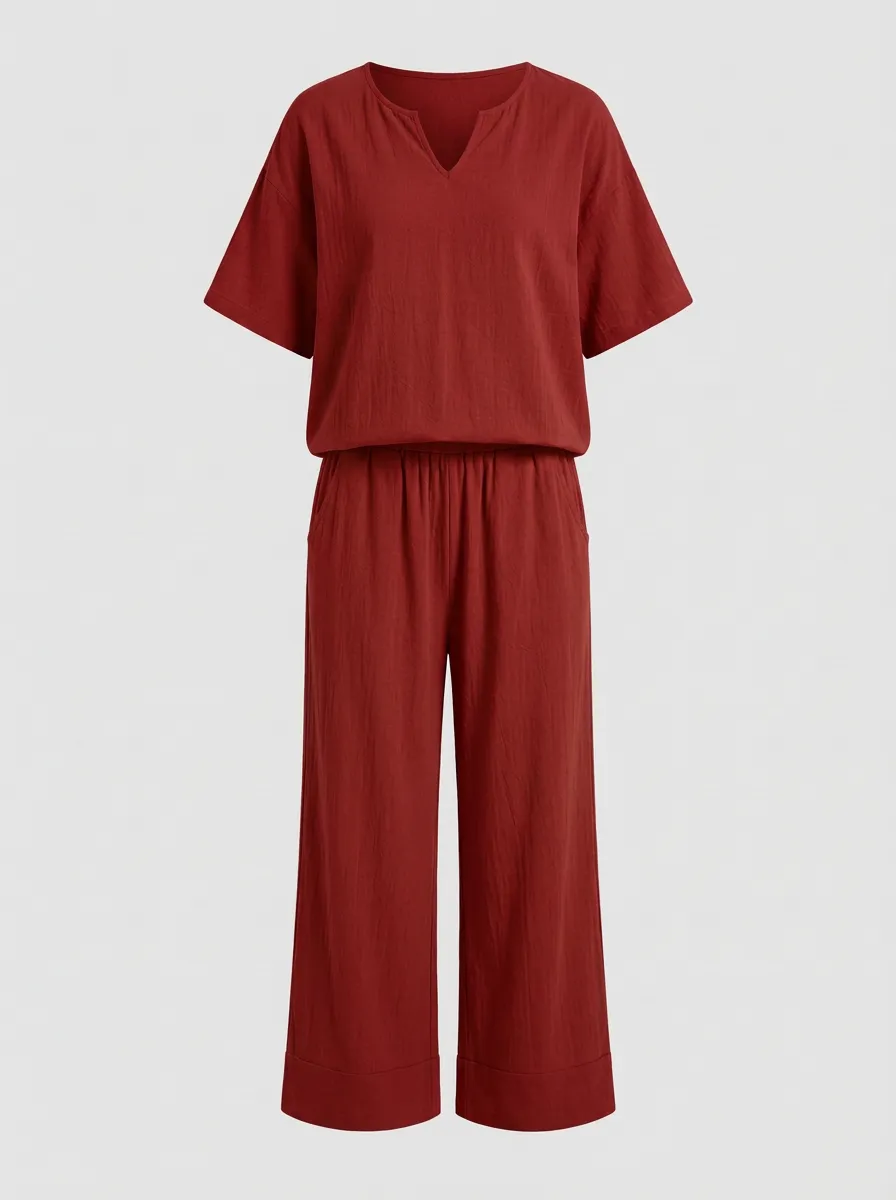 Women's Notched V-Neck Top And Drawstring Wide-Leg Trouser Lounge Set