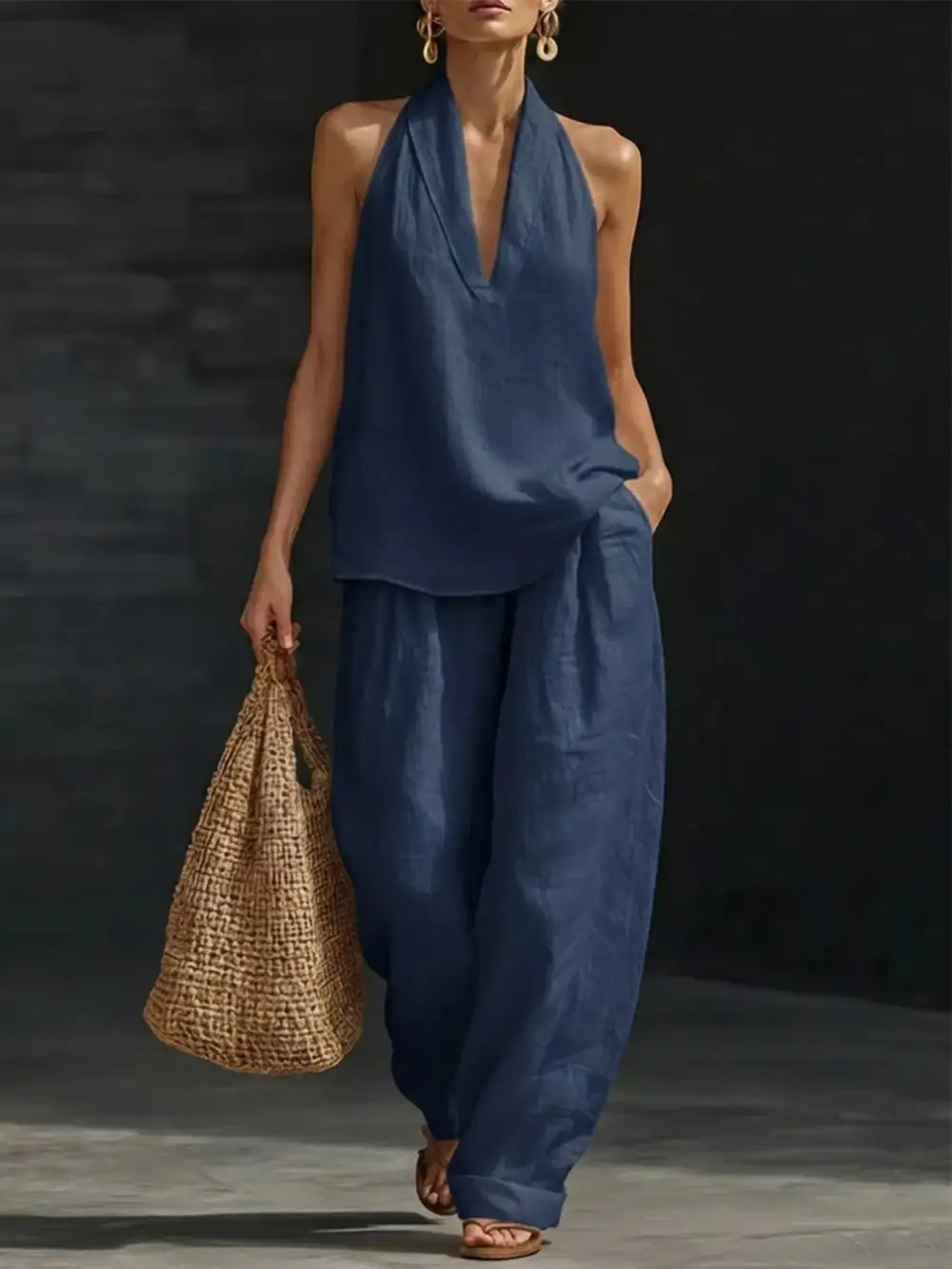Halter Neck Top and Wide Leg Pants Set