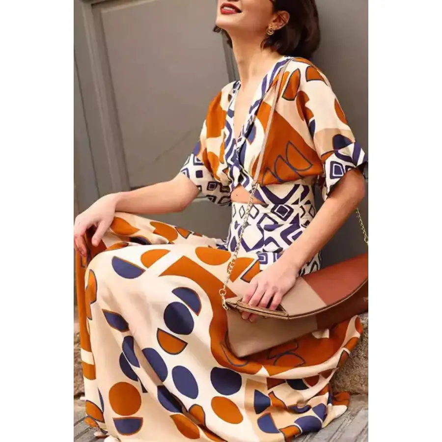 Geometric Print V Neck Maxi Dress with Cutout Detail