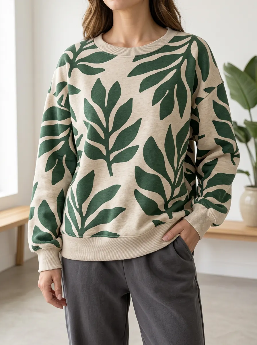 Women's and Leaf Print Crewneck Sweatshirt Fleece