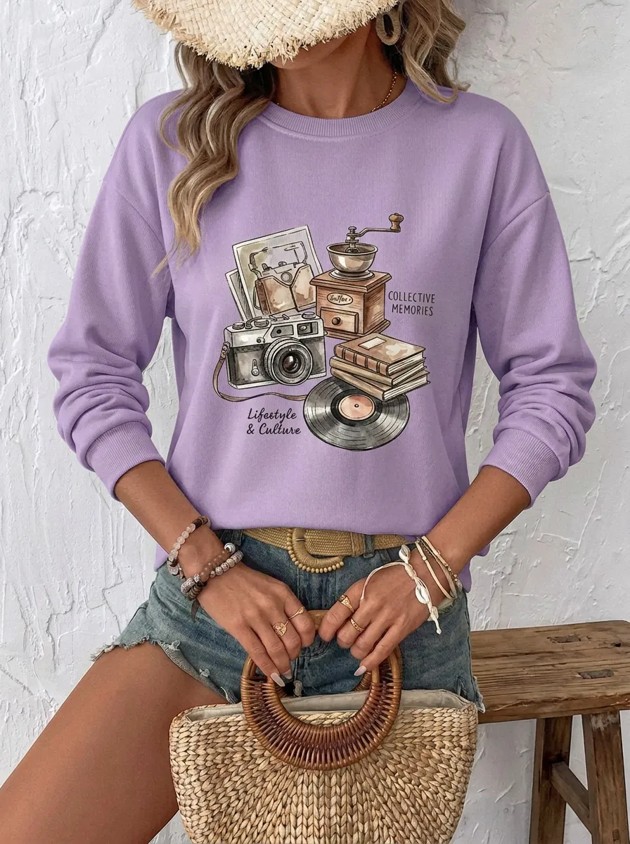 Women's Vintage Aesthetic Camera Vinyl Coffee Printed Sweatshirt