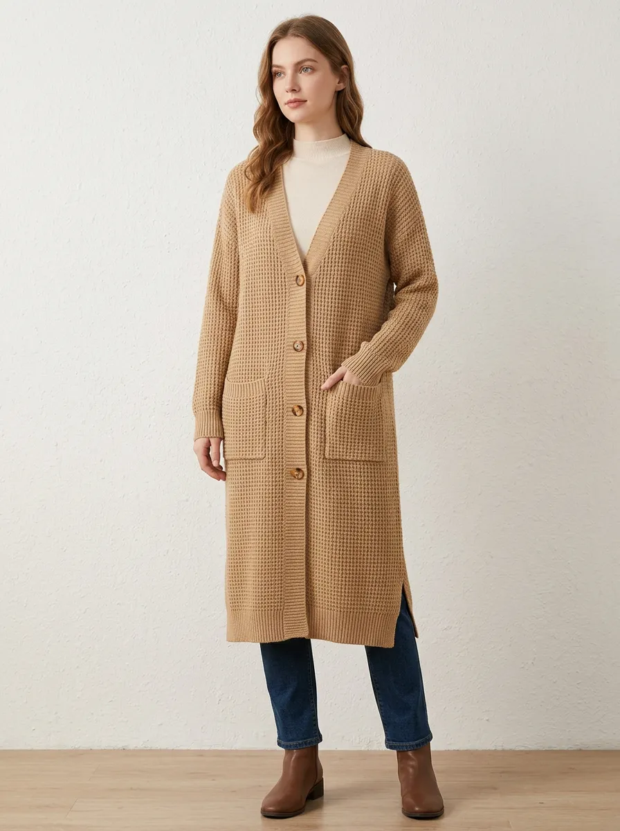 Women's Waffle Textured Button Detail Knit Cardigan