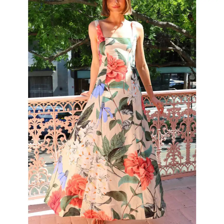 Classic Floral Print Square Neck Maxi Dress