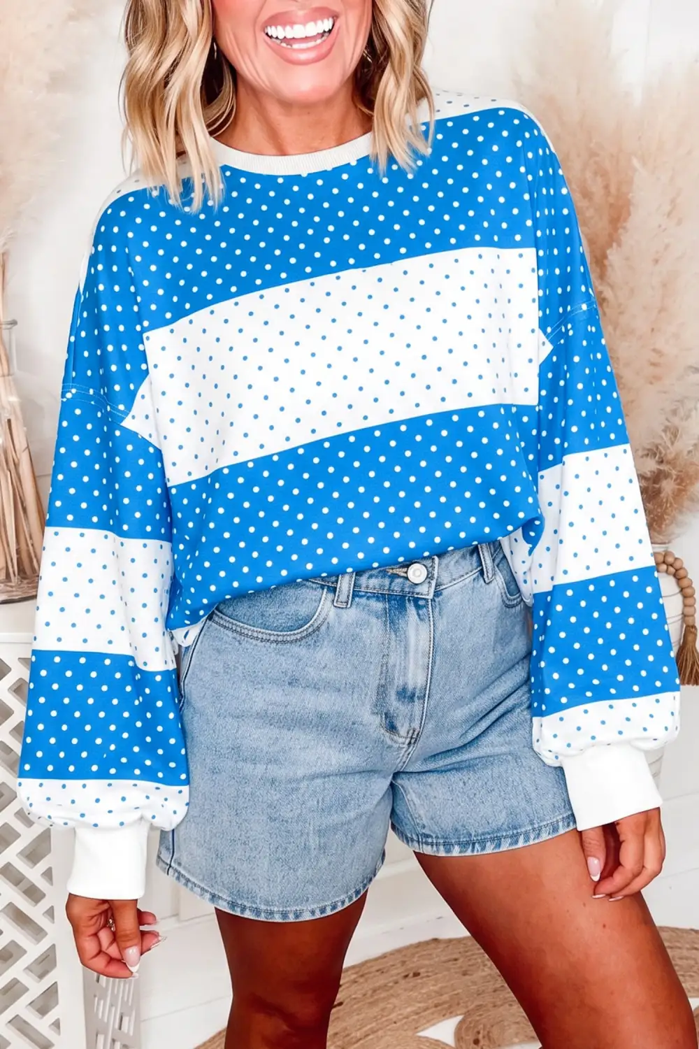 Women's Polka Dot Top With Colorblock And Long Sleeve