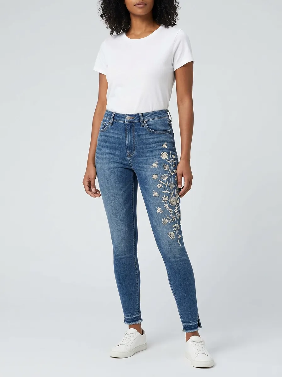 Women's Floral Botanical Embroidery Printed Slim Jeans