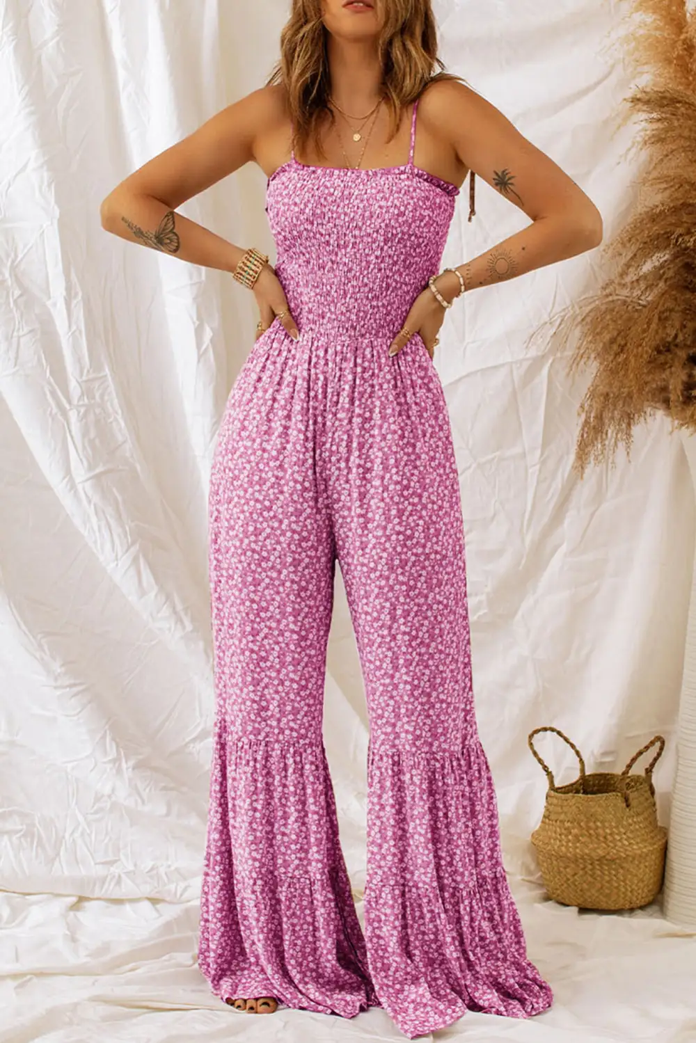 Thin Straps Smocked Bodice Wide Leg Accessory