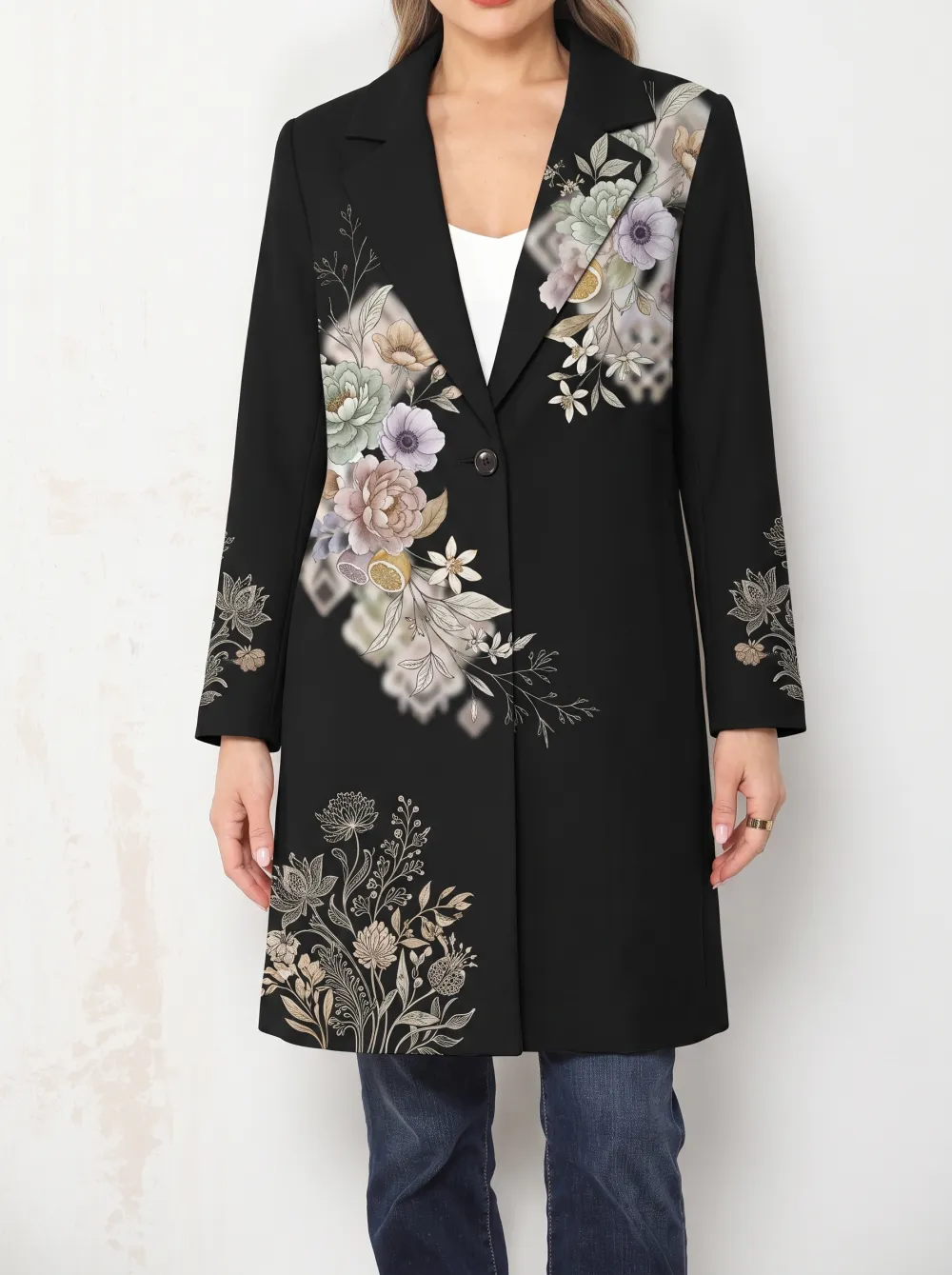 Women's Vintage Floral Botanical Printed Long Blazer