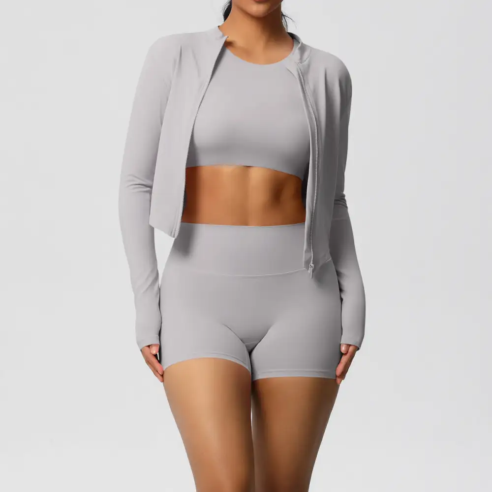 Zip-Front Long-Sleeve Jacket, Bra and Shorts Active Set