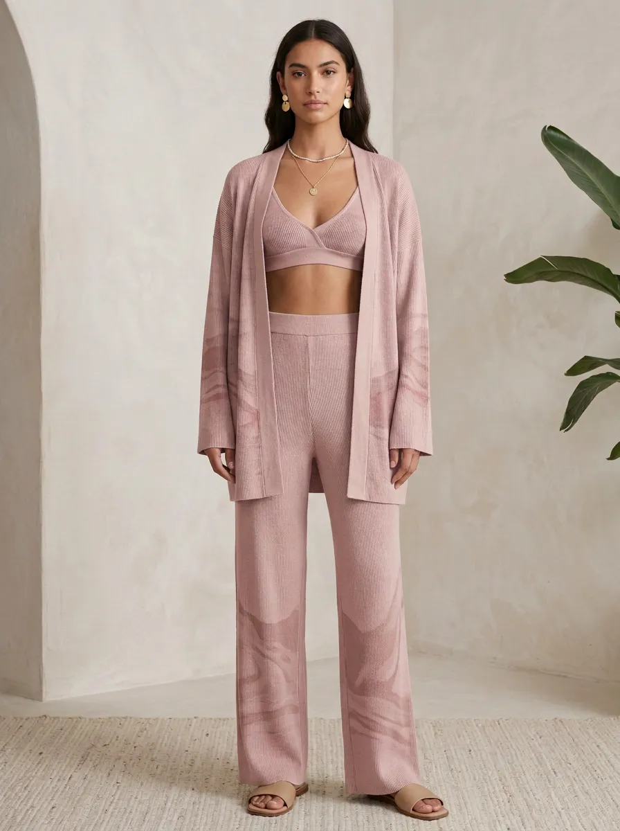 Ribbed Marble Cardigan Lounge Set