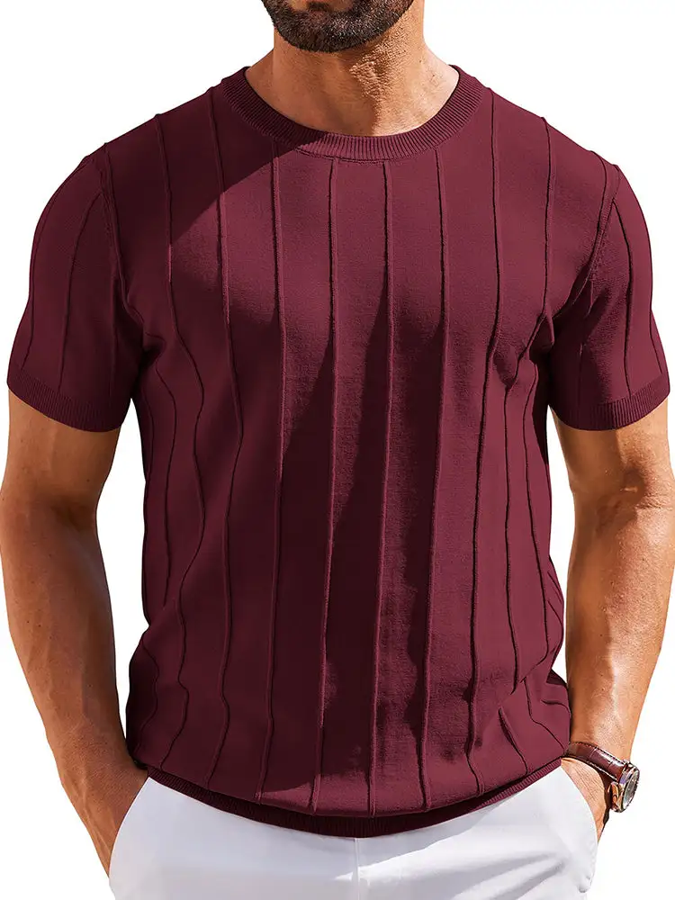 Casual Short Sleeve Shirt Ribbed Knit Pullover Tee