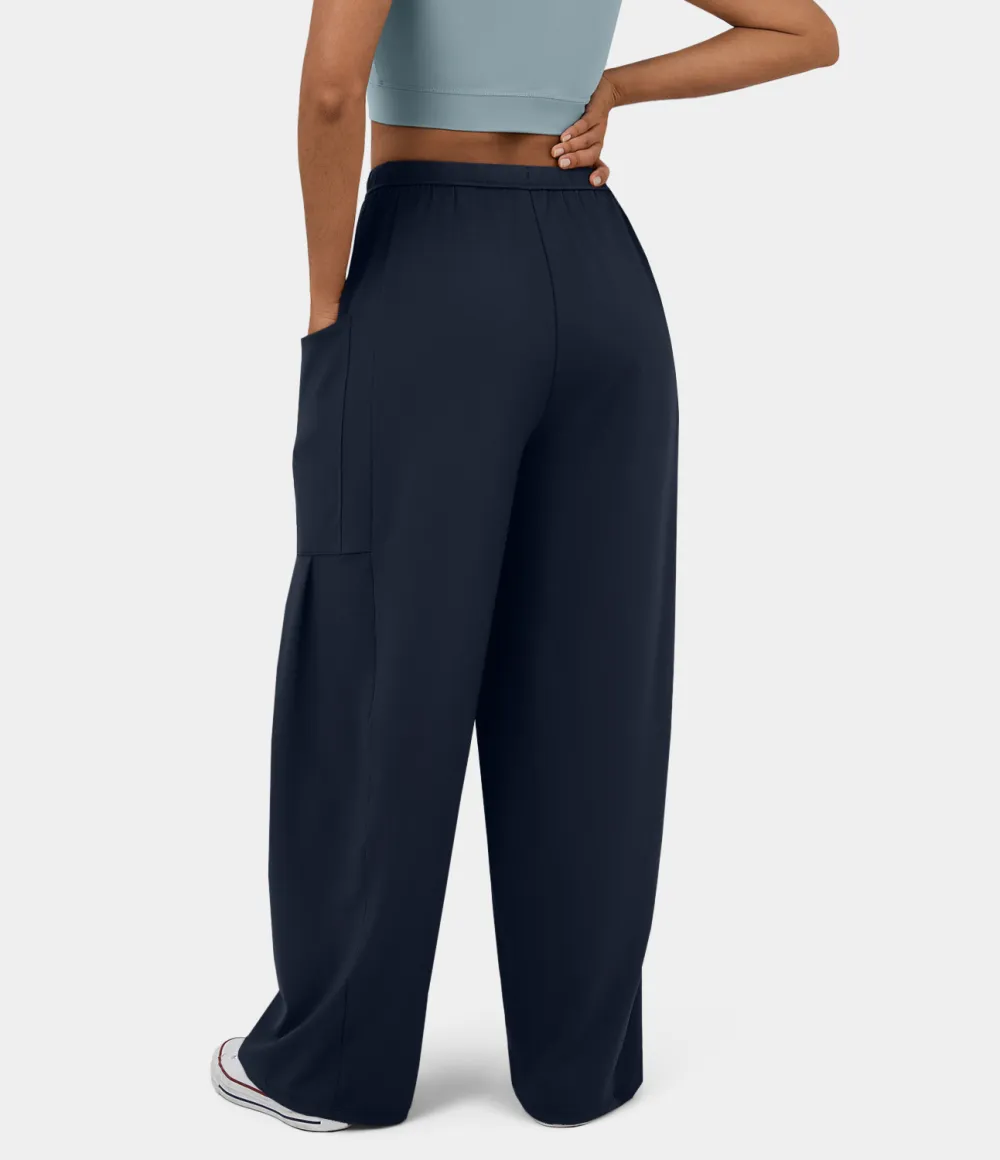 Mid Rise Elastic Waistband Drawstring Side Pocket Palazzo Flowy Wide Leg Casual Pants