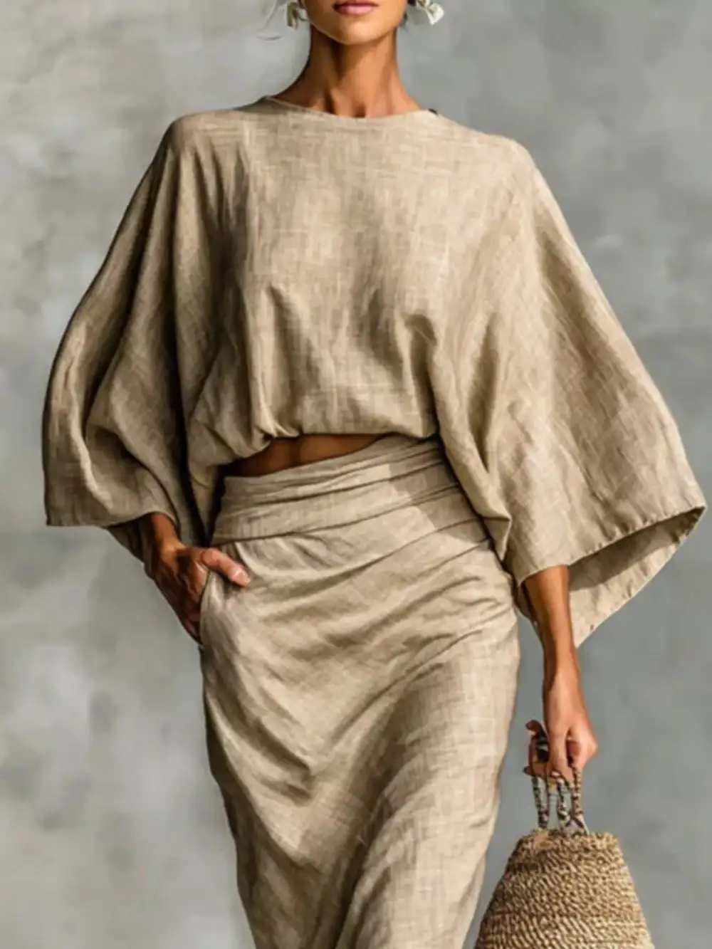 Kimono Sleeve Top and Ruched Skirt Set