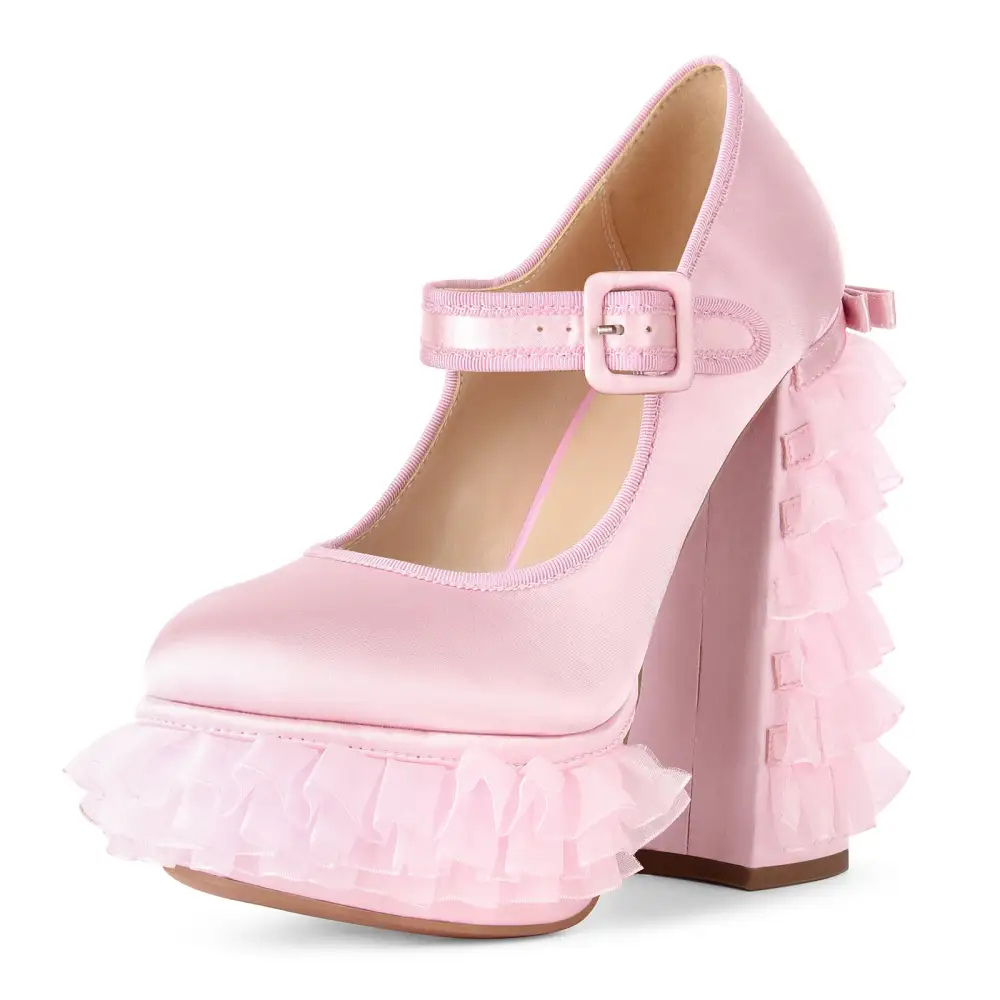 Satin Finish Lace Detail Round Toe Platform Chunky Heel Pumps