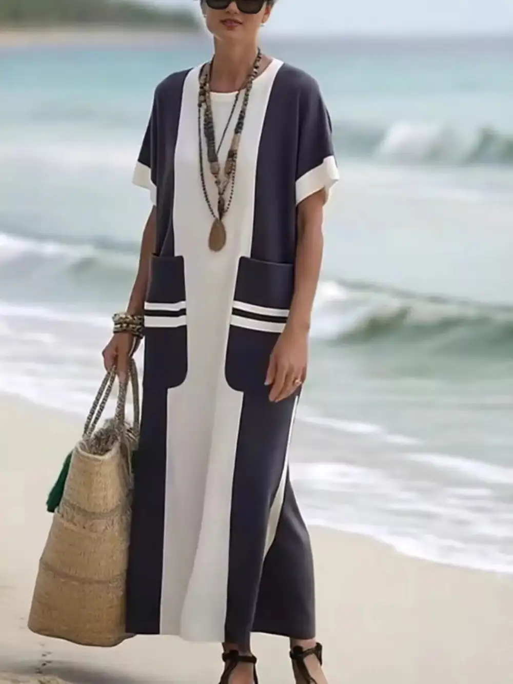 Patchwork Pocketed Short Sleeve Dress Casual
