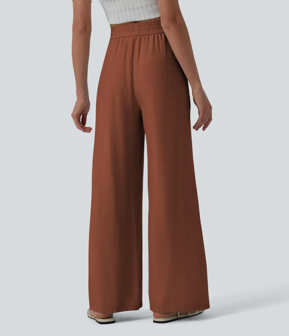 2026🔥High Waisted Drawstring Wide Leg Casual Linen-Blend Trousers with Pockets