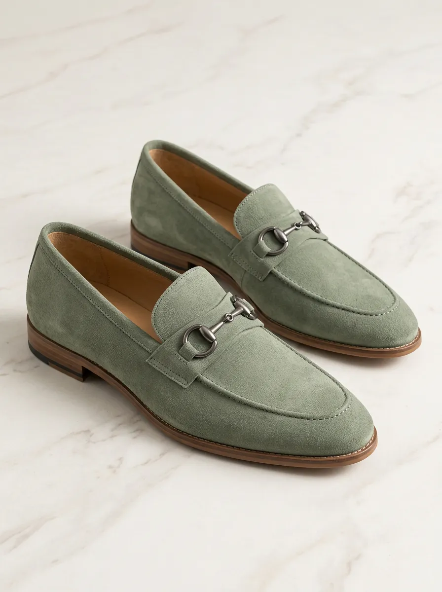 Unisex Sage Green Suede Horsebit Metal Detail Loafers