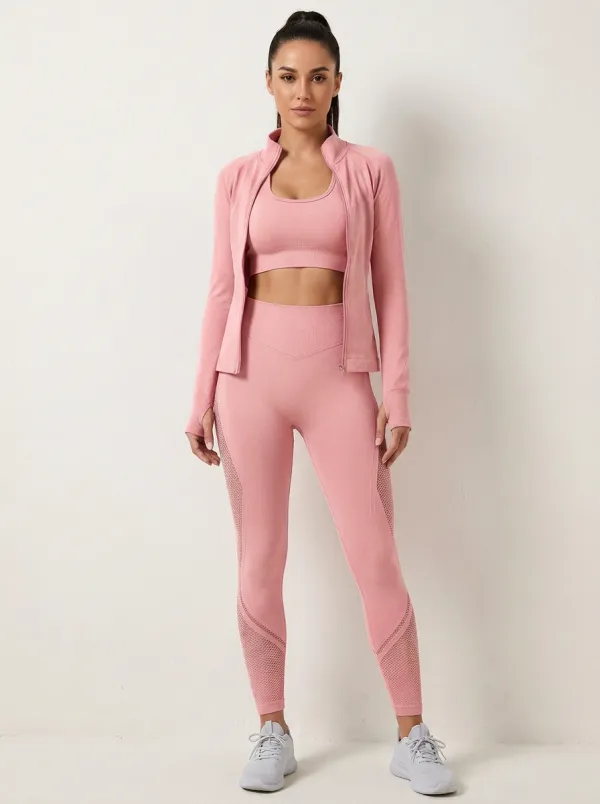 Performance-Inspired Mesh Detail Seamless Design Profile Women's Three Piece Activewear Set