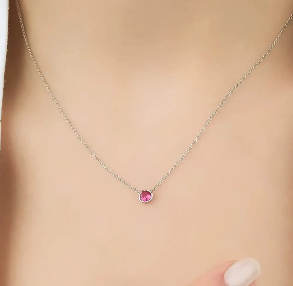 Delicate Bezel Set Solitaire Ruby Necklace