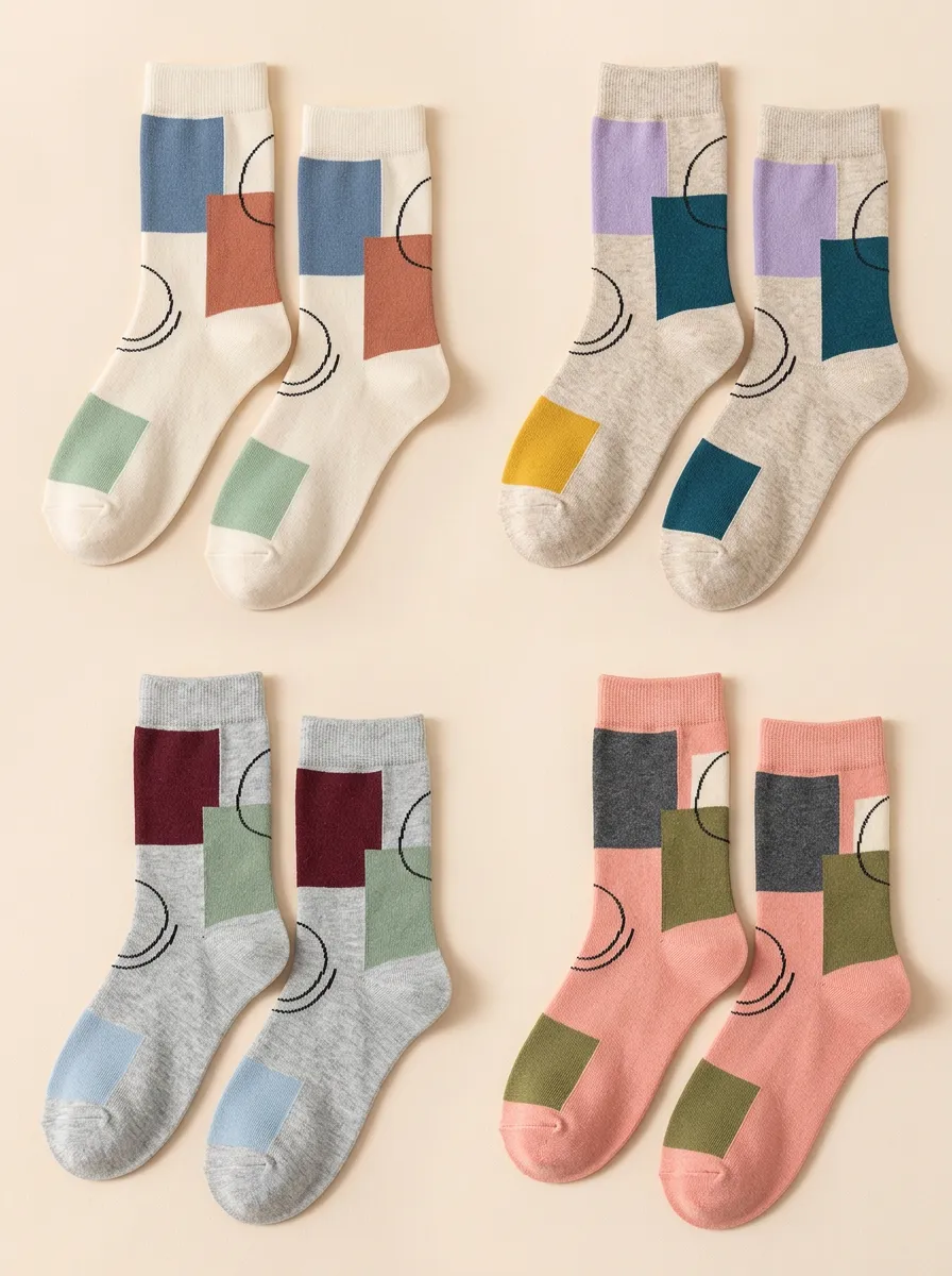 Women's Geometric Color Block Crew Socks Four Pair Set