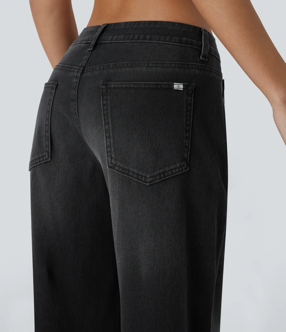 Asymmetric Low Rise Zipper Pockets Baggy Wide Leg Washed Casual Jeans