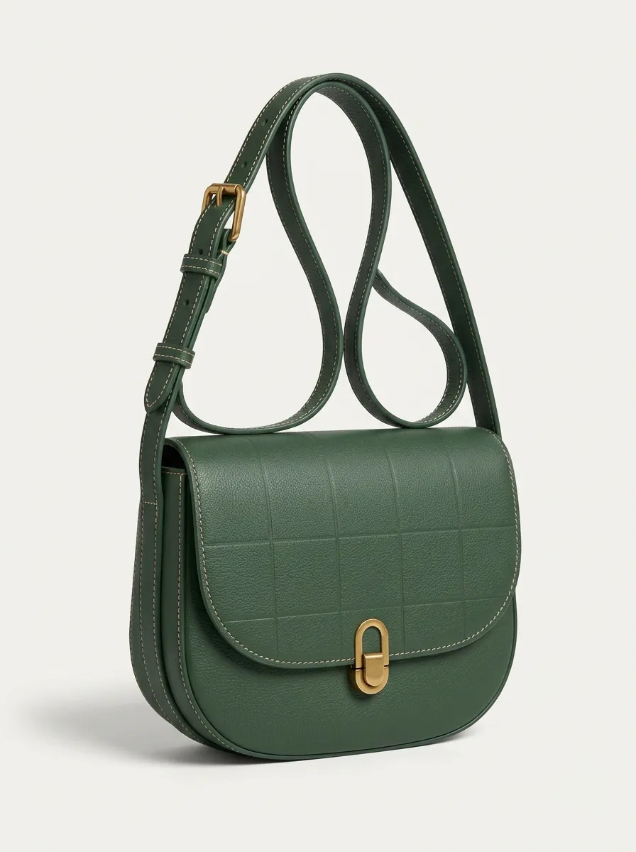 Women's Minimalist Forest Green Grid Pattern Embossed Leather Crossbody Bag