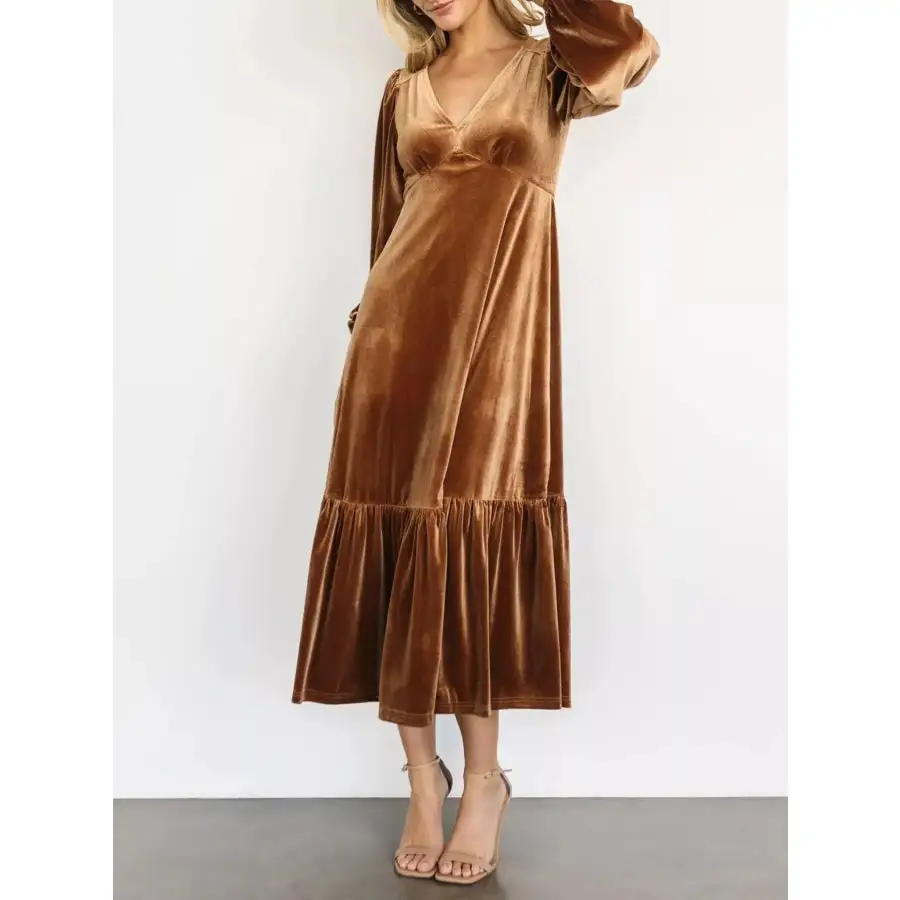 Velvet Tiered Long Sleeve Midi Dress