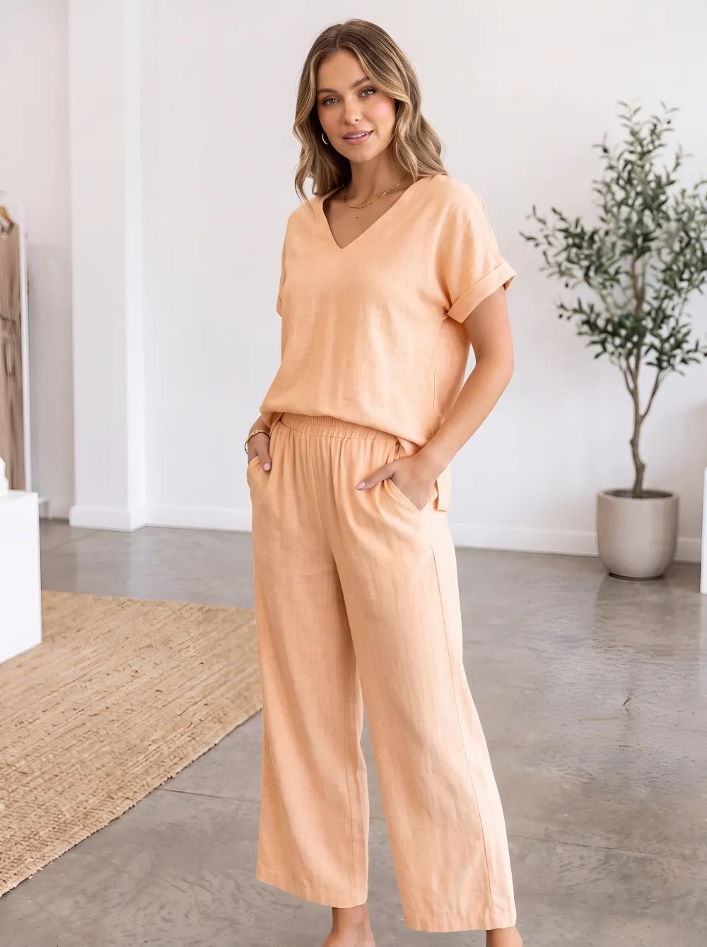 Casual V Neck Straight Leg Set
