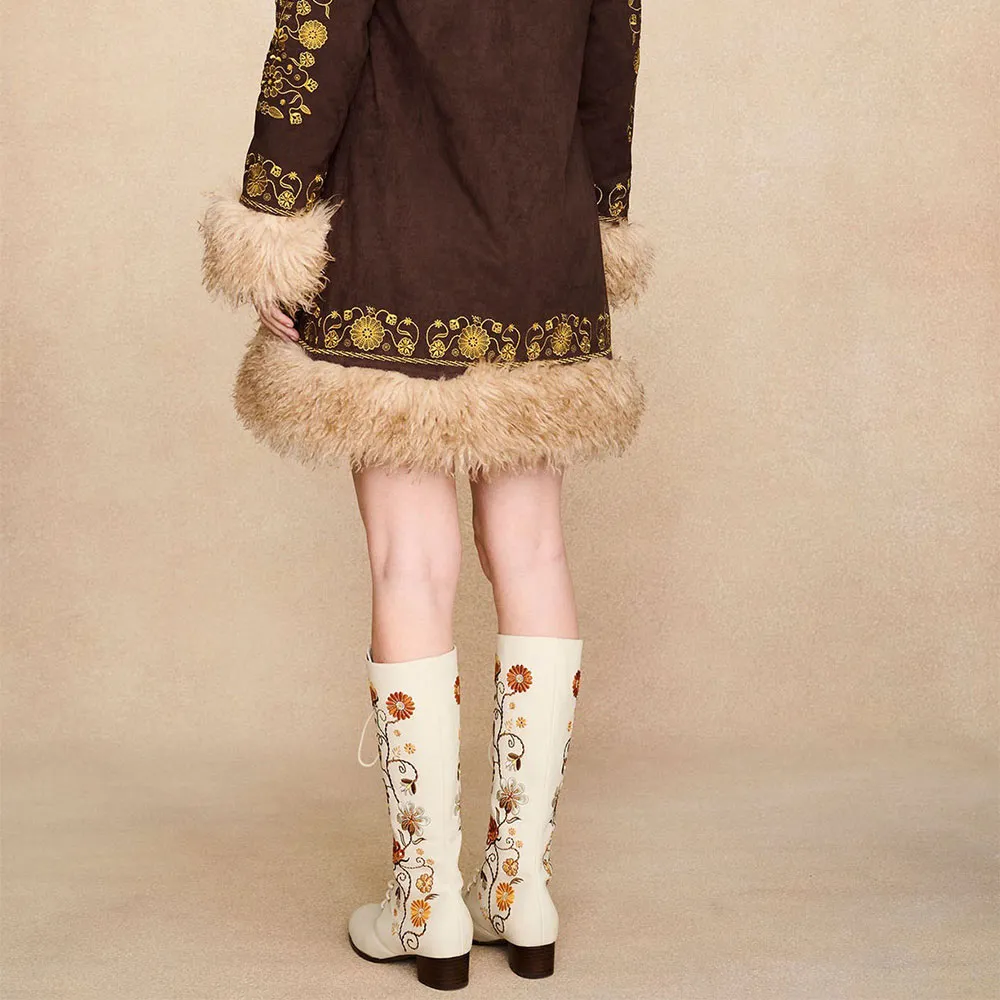 Faux-Leather Embroidered Lace-Up Floral Mid-Calf Boots