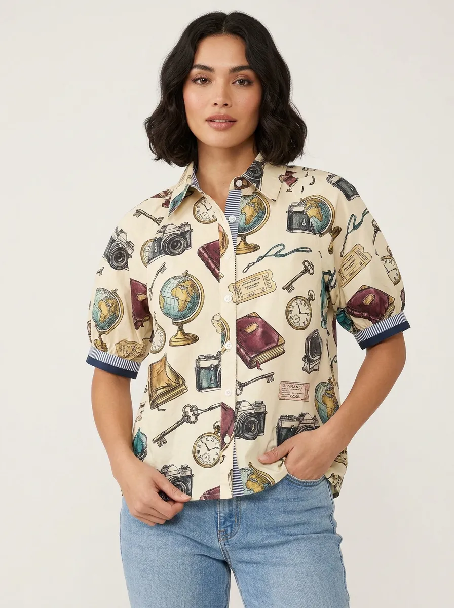 Women's Travel Enthusiast Globe Camera Book Printed Shirt