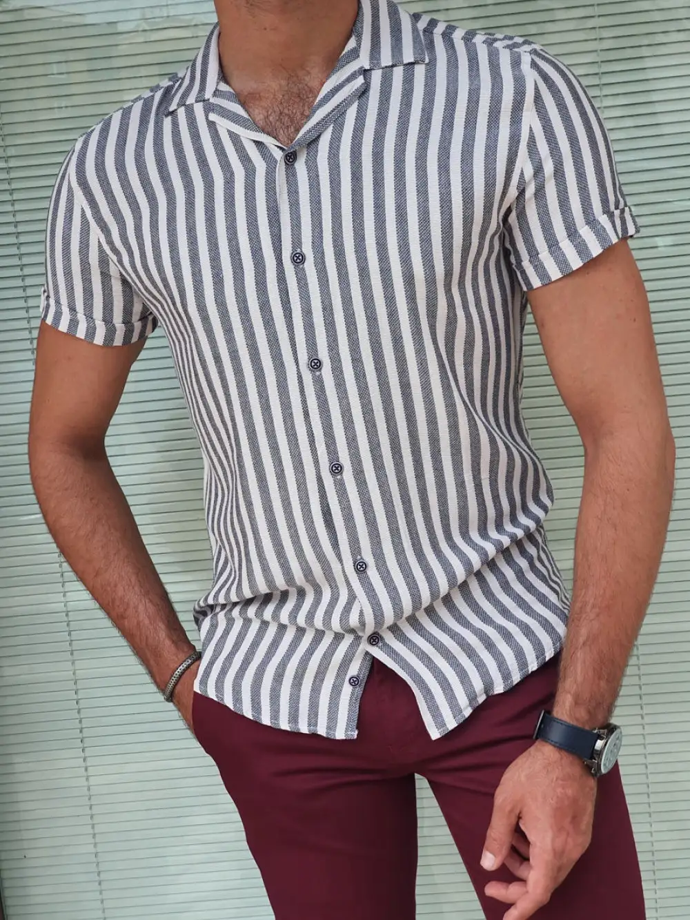 Relaxed Slim Fit Striped Cotton Casual Shirt