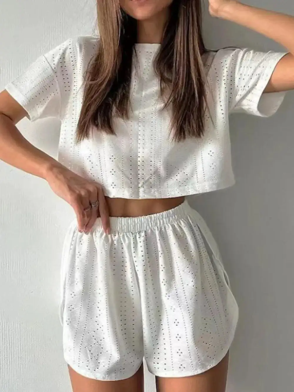 Pull On Eyelet Round Neck Top and Shorts Set