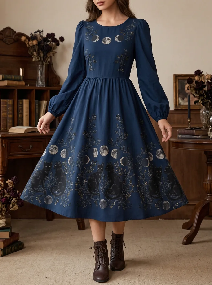Women's Halloween Witchy Black Cat Moon Phase Printed Dress