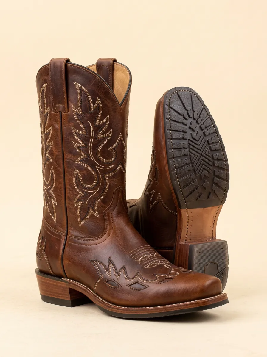 Men's Western Cowboy Brown Leather Embroidered Stitched Cowboy Boots