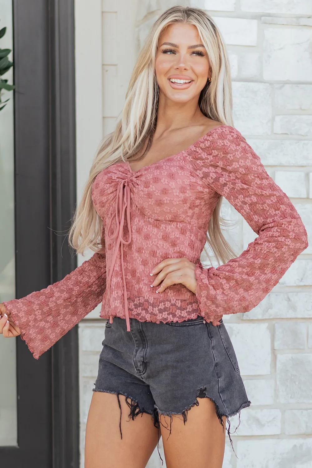 Peach Blossom Drawstring Knot Detail Blouse