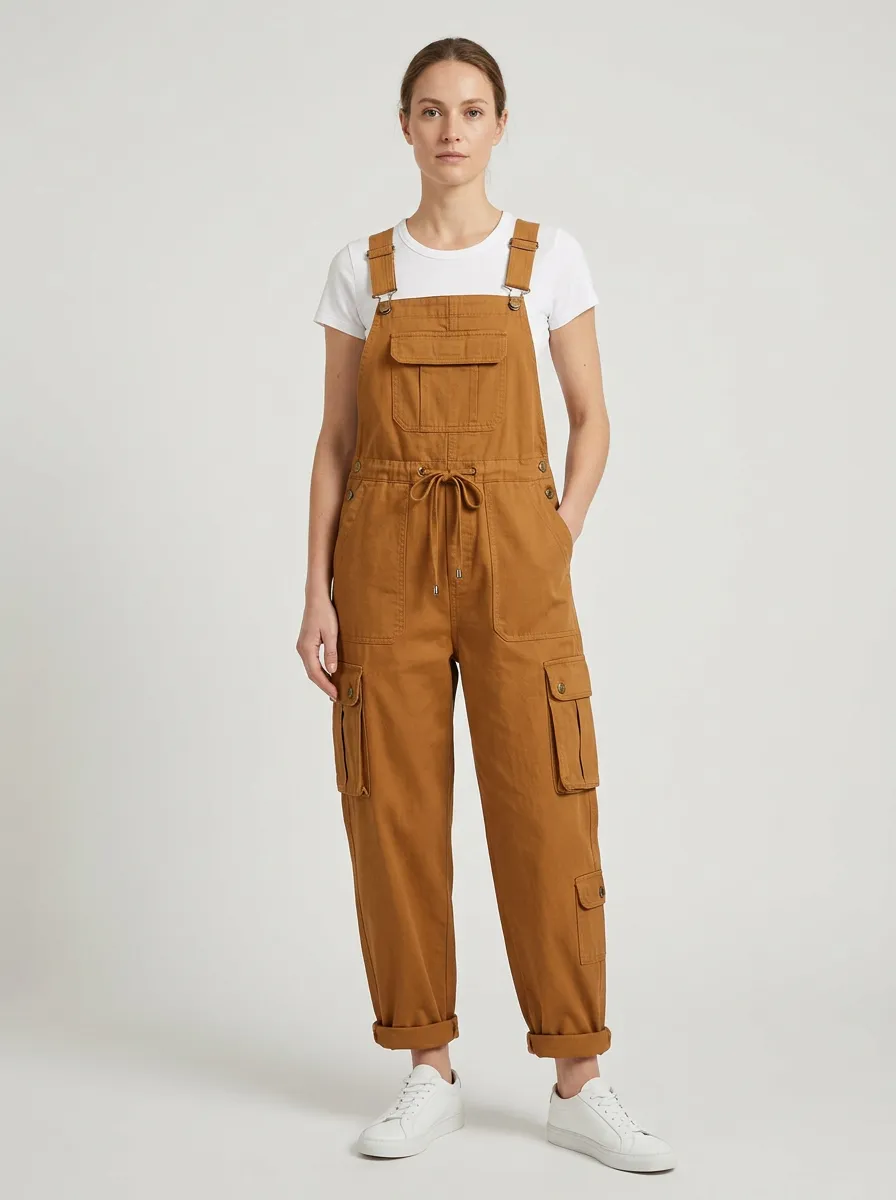 Women's Drawstring-Waist Multi-Cargo Cuffed Overall Jumpsuit