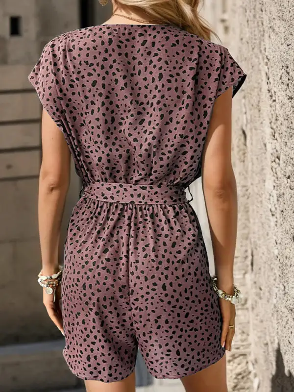 Leopard Print Jumpsuit V Neck Commuter Shorts