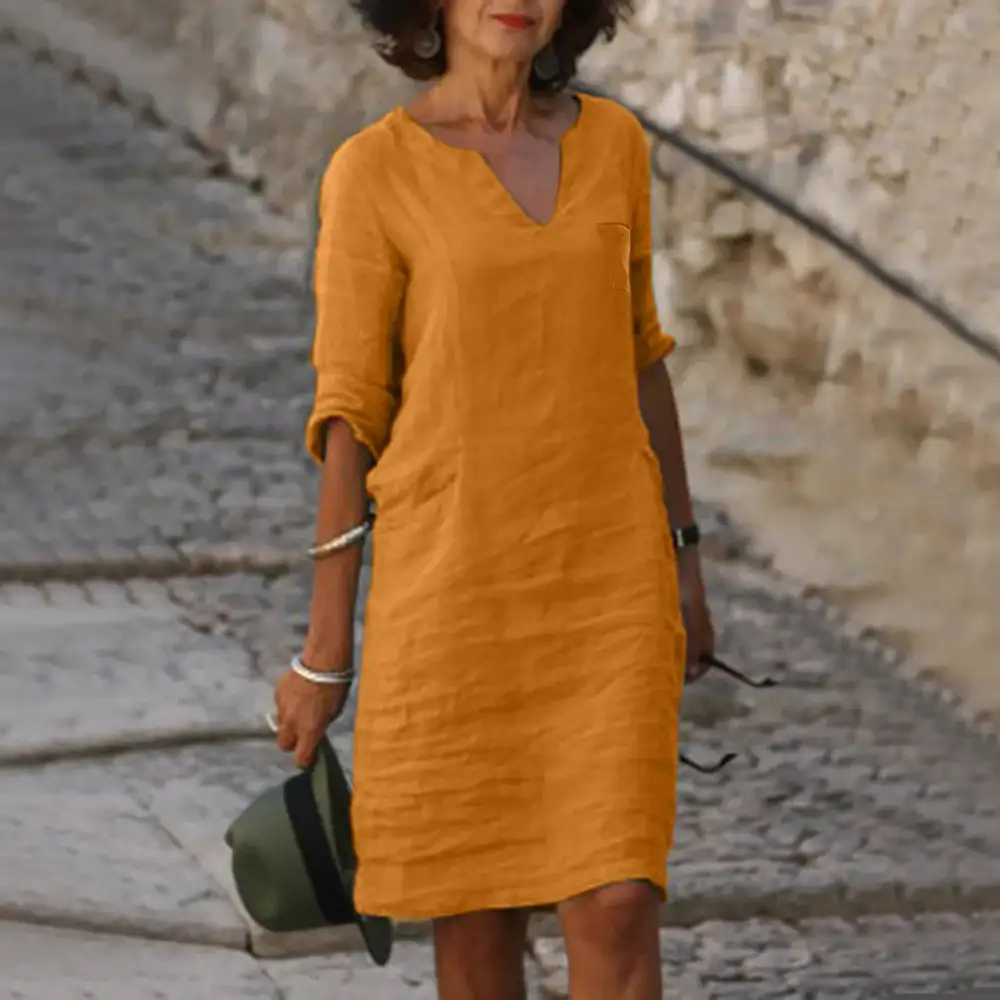 Women's V-Neck Three-Quarter-Sleeve Pocketed Dress