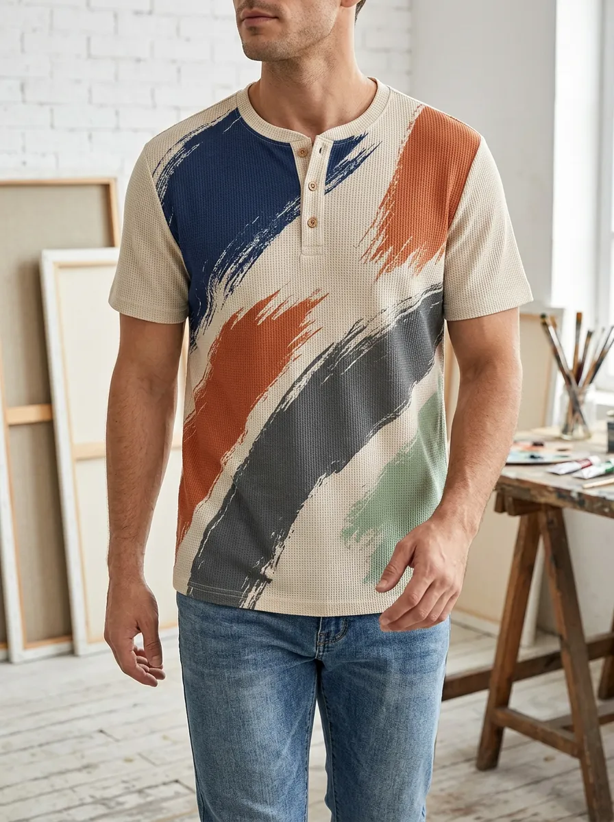 Men's Relaxed Abstract Brushstroke Waffle Artwork Henley T-Shirt