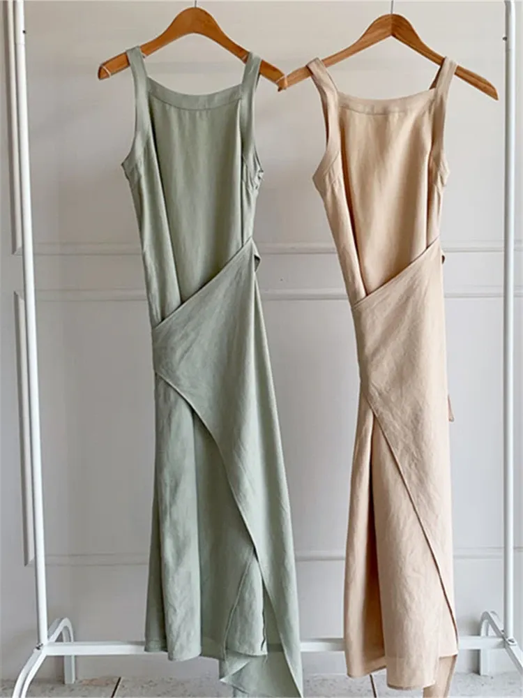 Sleeveless Lace Trim Linen Blend Maxi Dress