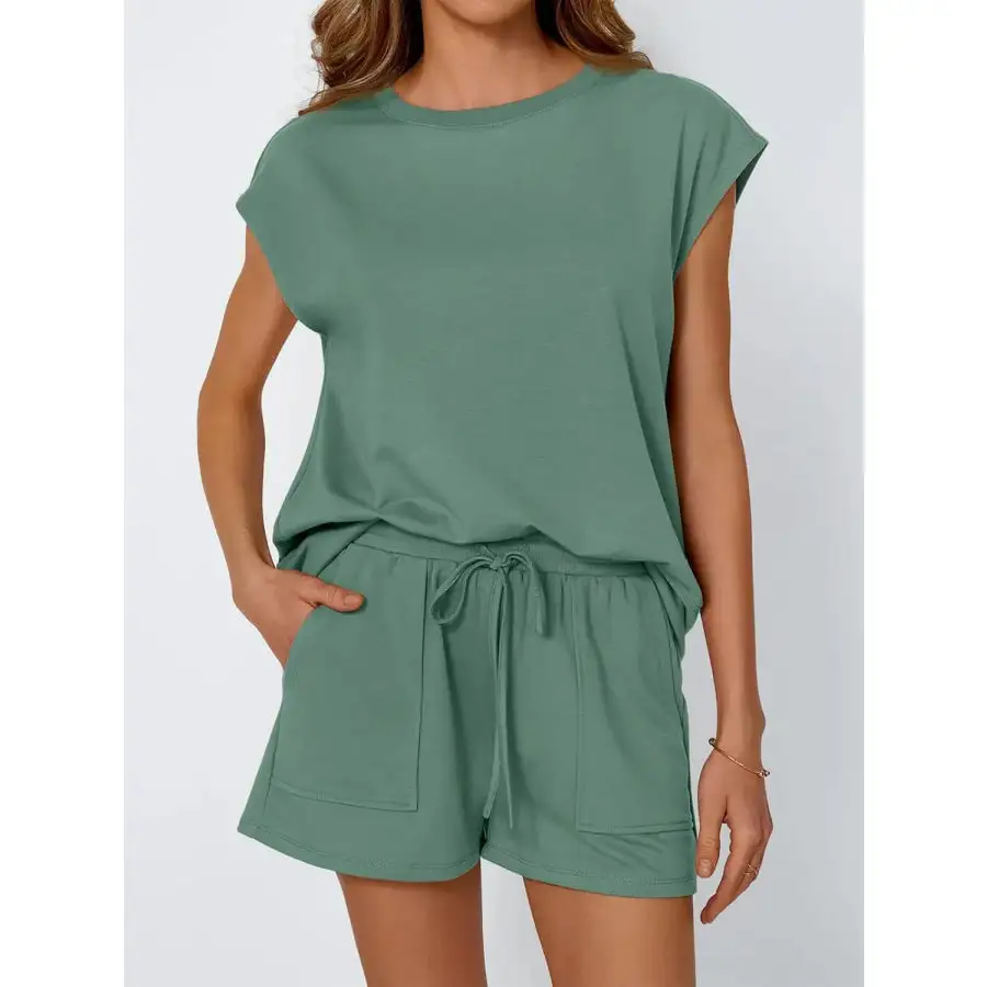 Relaxed Round Neck Cap Sleeve Top and Shorts Set