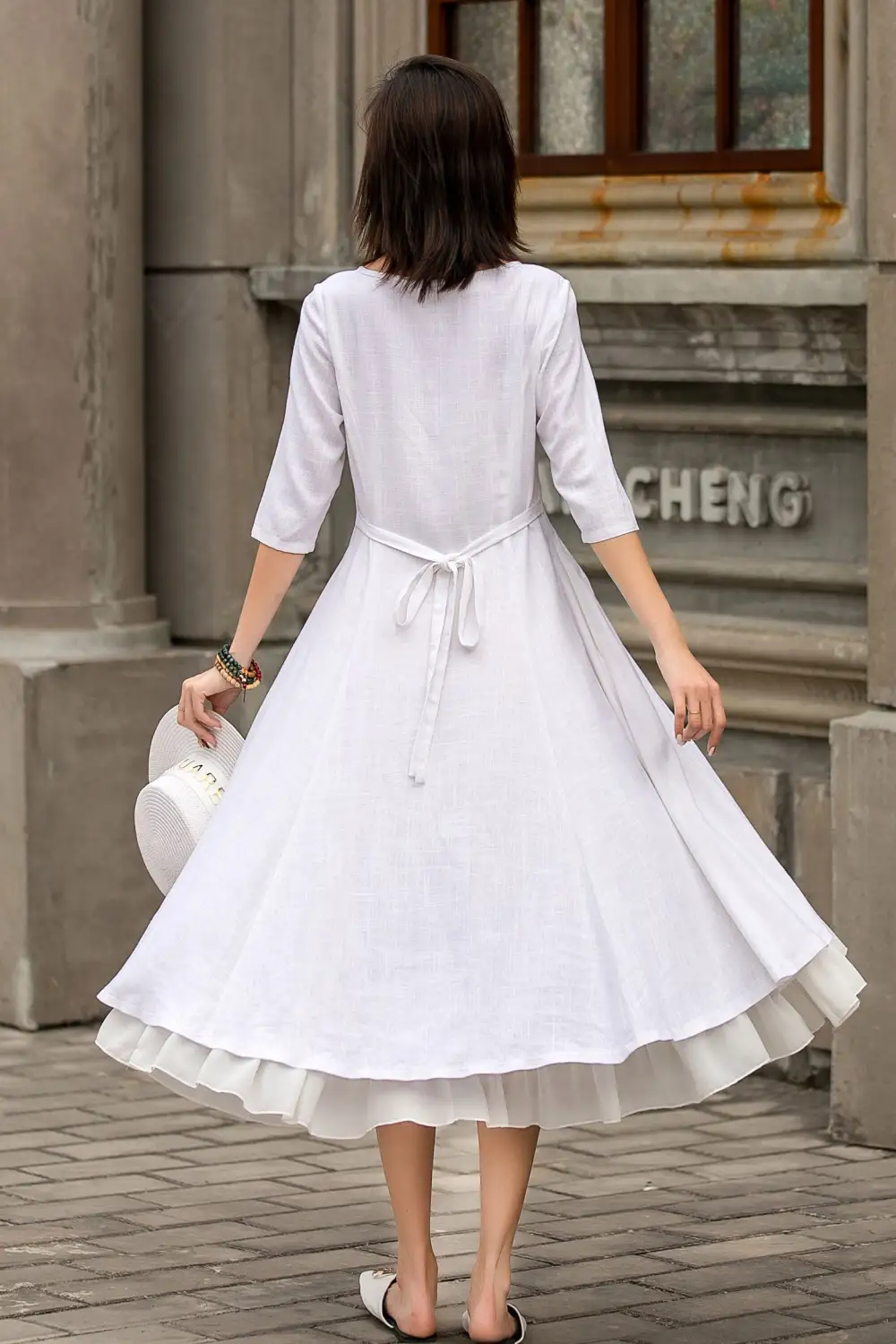 Classic Linen Cotton Swing Ruffle Midi Dress
