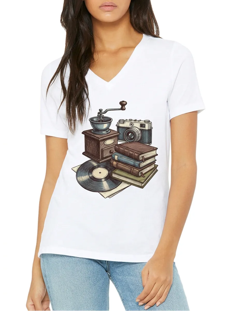 Women's Vintage Hobby Lover Camera Books Vinyl Graphic V-Neck T-Shirt