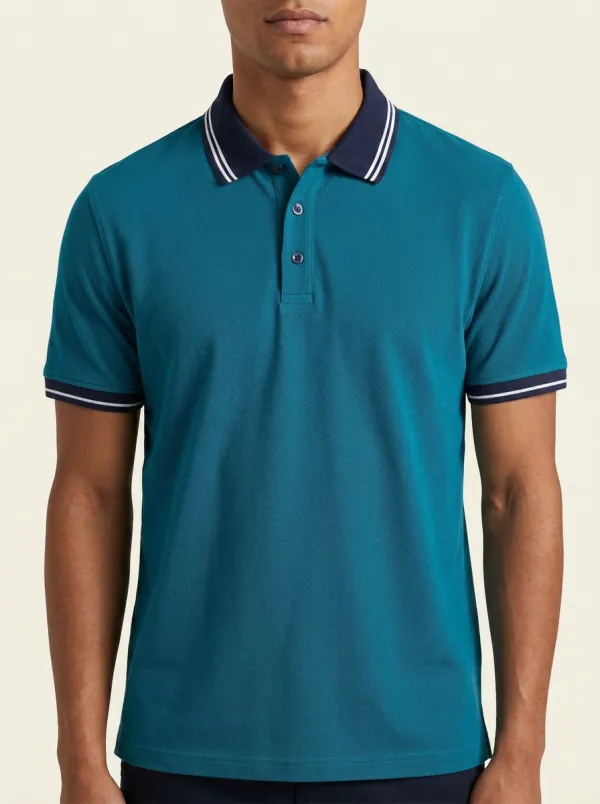 Men's Casual Grey Tipped Collar Contrast Trim Polo Shirt