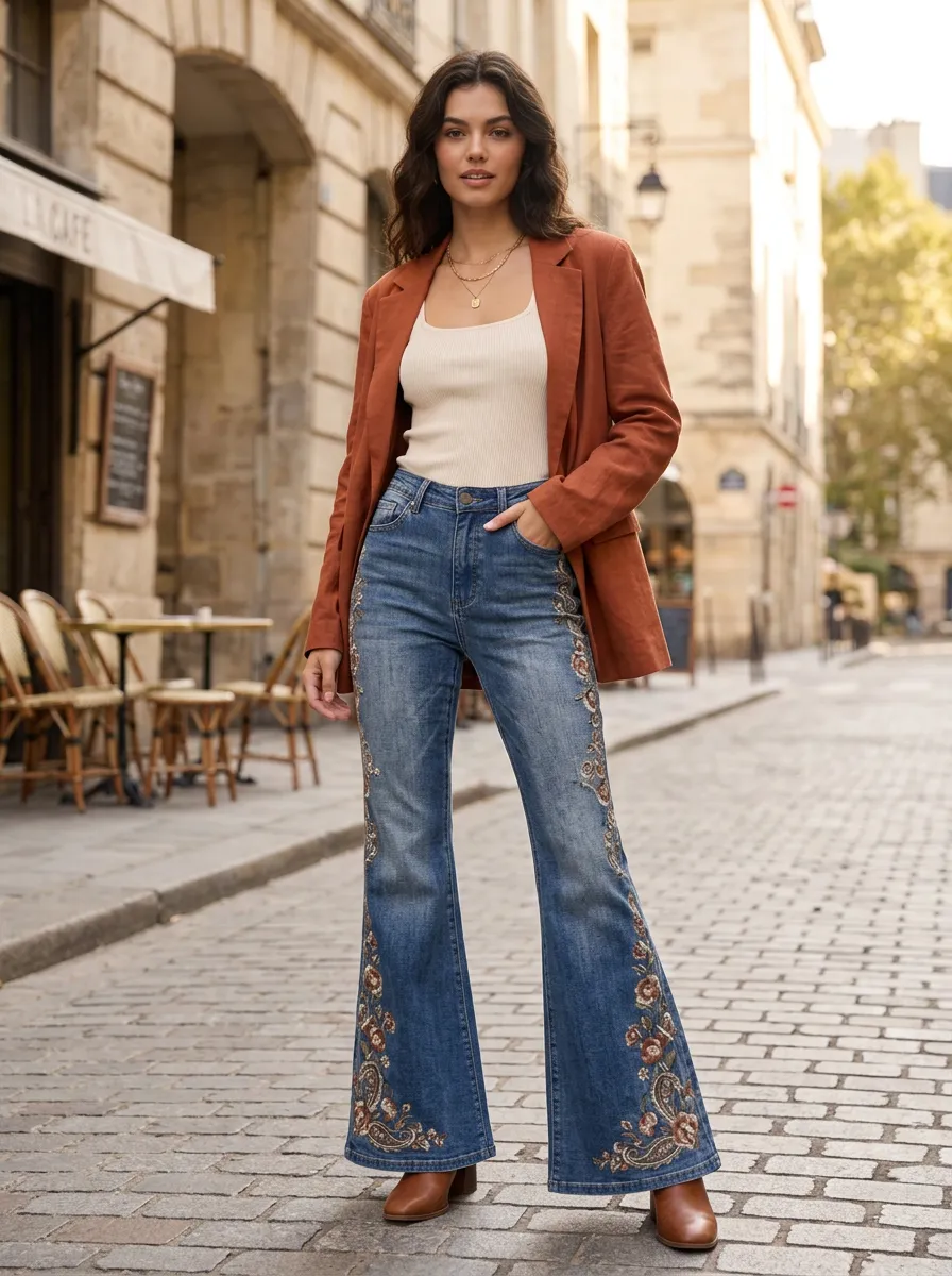 Women's Boho Style Floral Embroidered Printed Flare Jeans