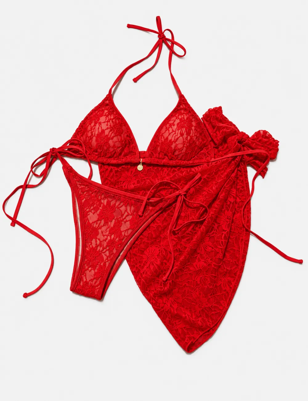 Lace Mesh Triangle Bikini Set with Sarong Set