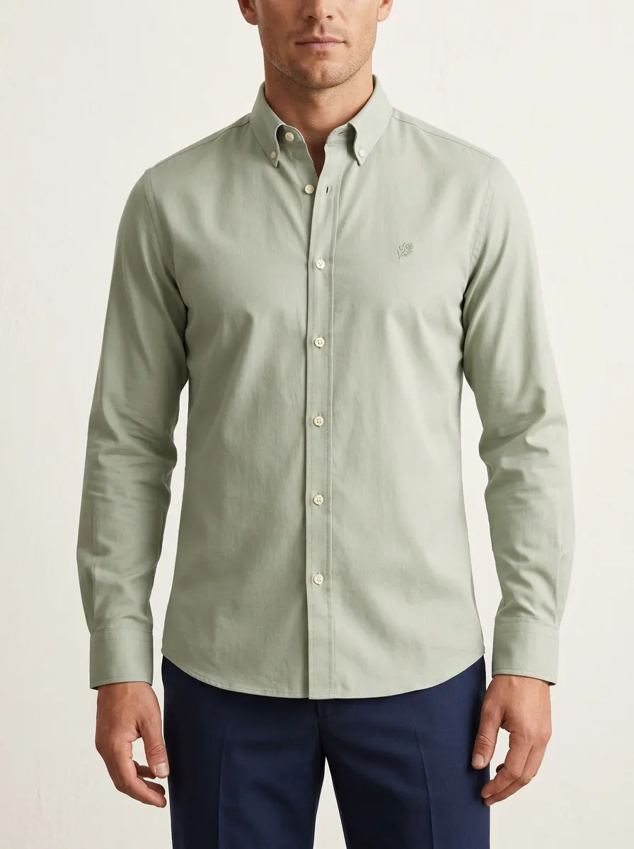 Men's Non-Iron Cotton Leaf Logo Embroidered Button Down Shirt