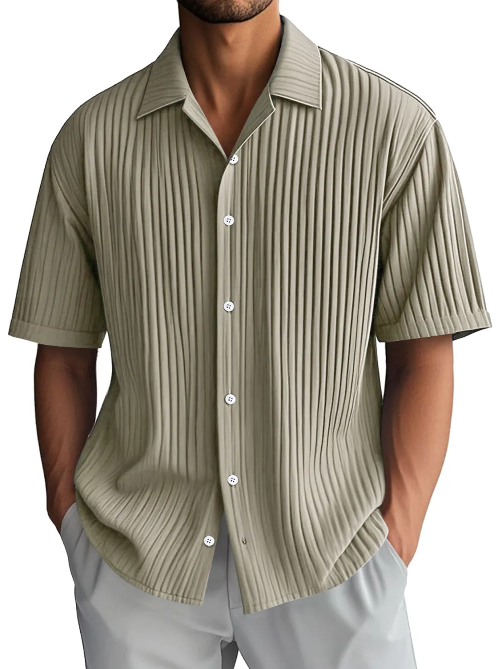 Ribbed Knit Camp Collar Shirt