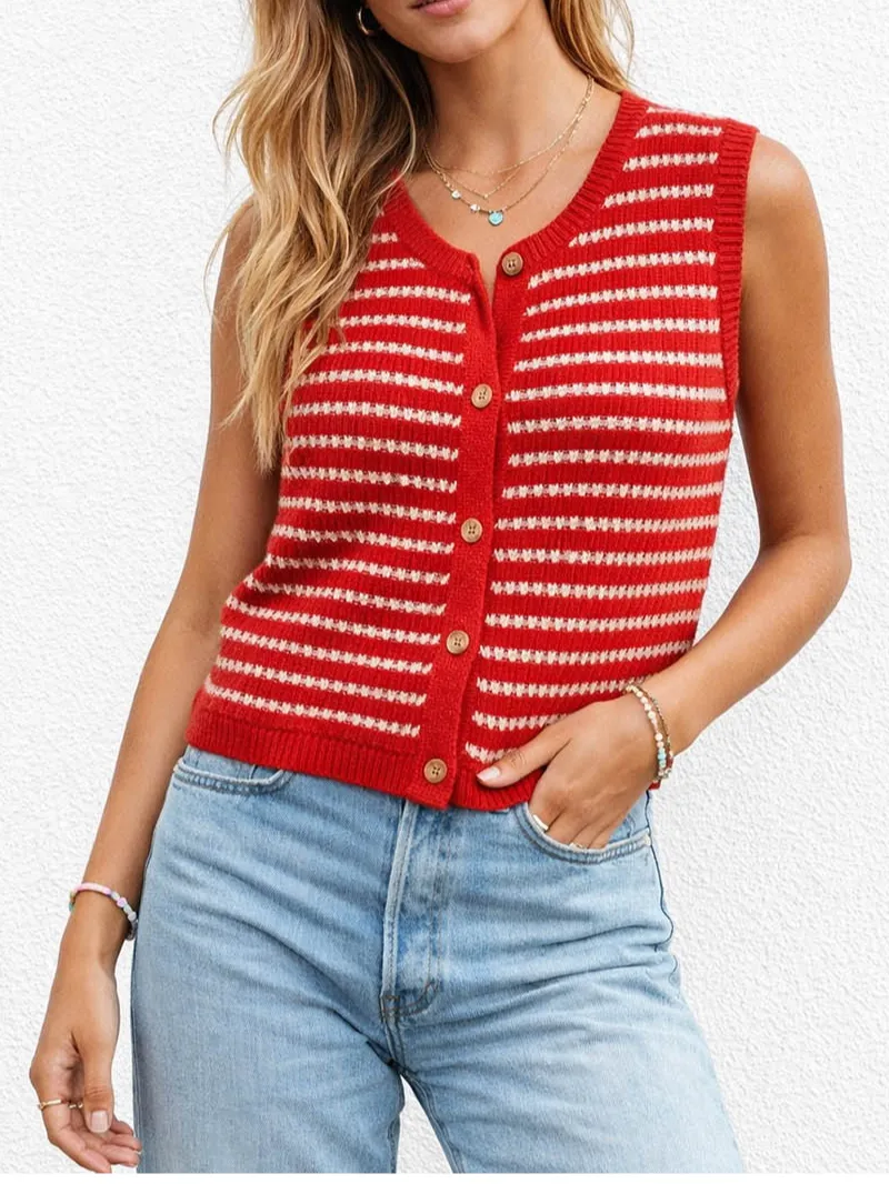 Chic Knit Round Neck Button Front Vest Top