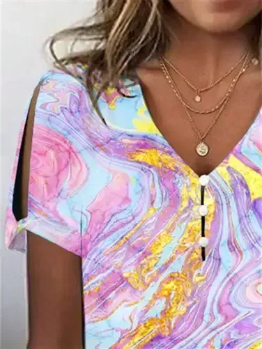 Women's Colorblock Hollow Short Sleeve V-neck Top